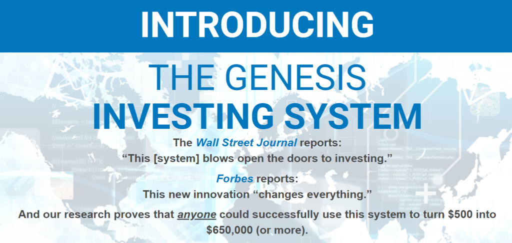 Genesis investing system landing page screenshot